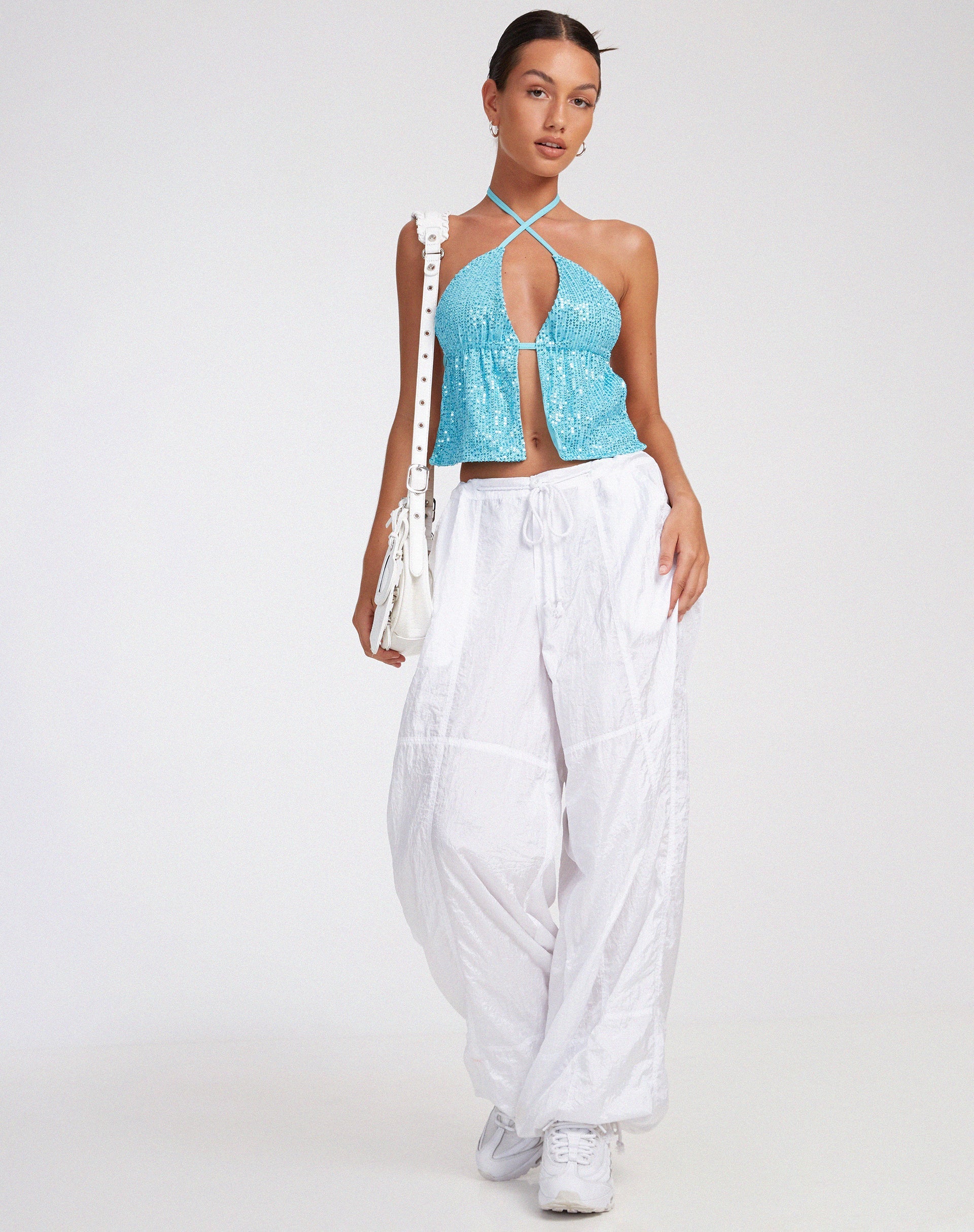 immagine di Runita Crop Top in Drape Sequin Blu