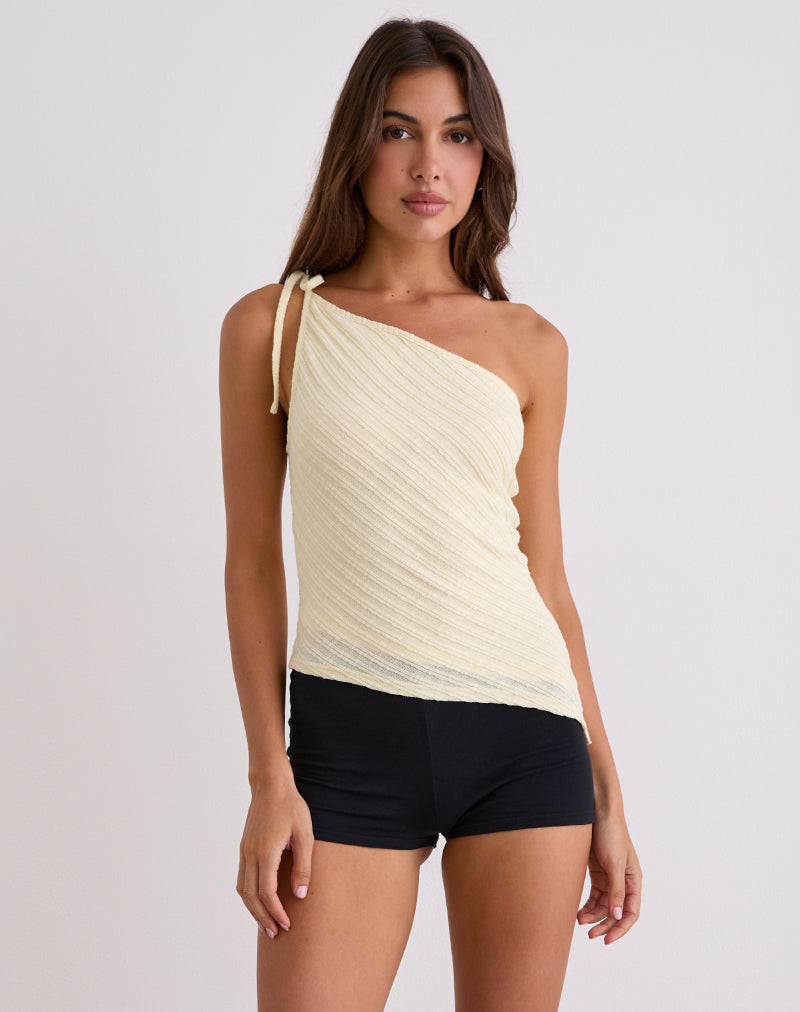 Top Rusana in maglia diagonale trasparente color crema di burro