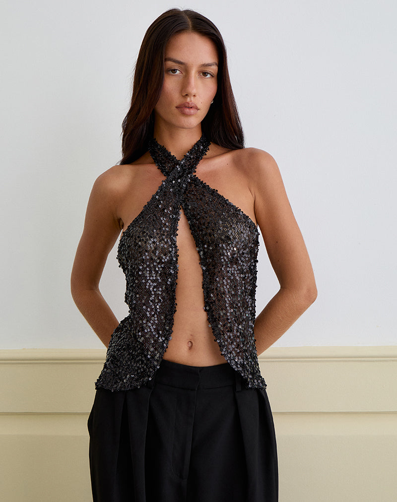 Top sciarpa sfoderato Ruway in paillettes nero