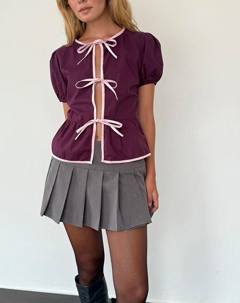 Immagine della blusa Ryota Tie Front in sangue di bue con rilegatura rosa Lady