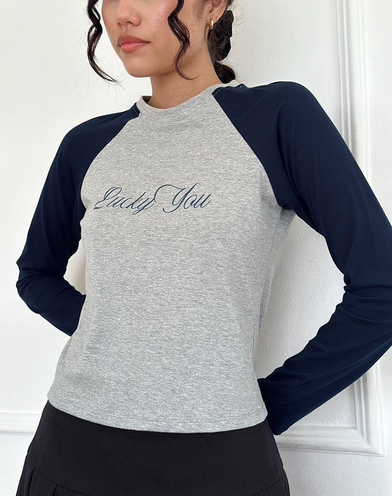 Immagine di Sabani Top in marna grigia navy con stampa Lucky You
