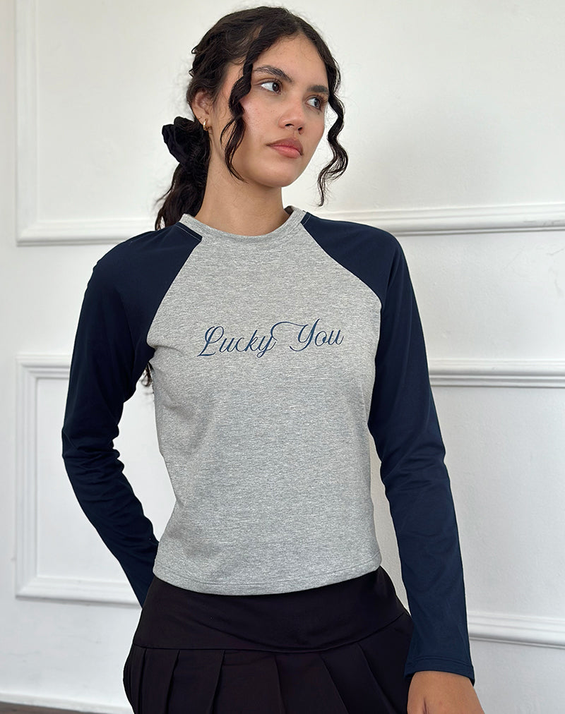 Immagine di Sabani Top in marna grigia navy con stampa Lucky You