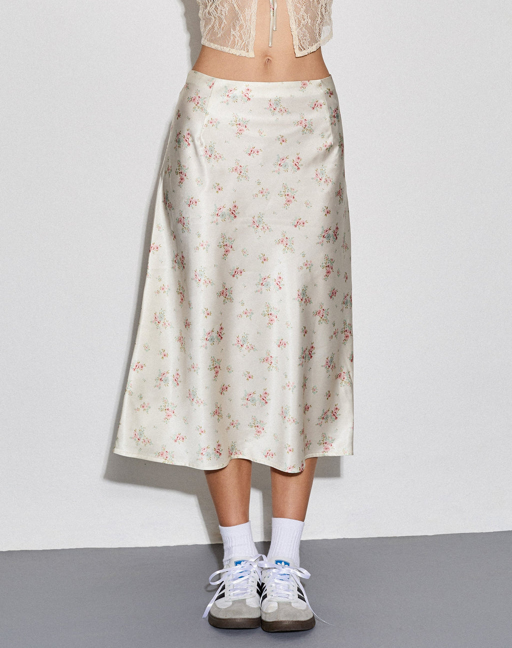 Gonna midi Piya in raso Vintage Rose Garland