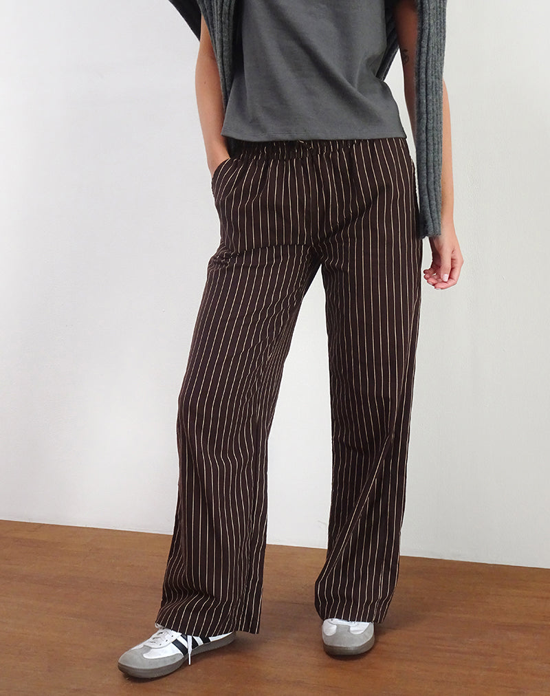 Immagine di Wasic Pantaloni di lino a gamba larga in mogano profondo a righe a matita