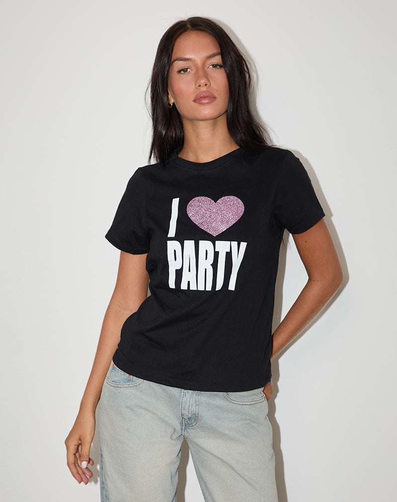 Immagine di Saki Tee in nero con stampa I Love Party