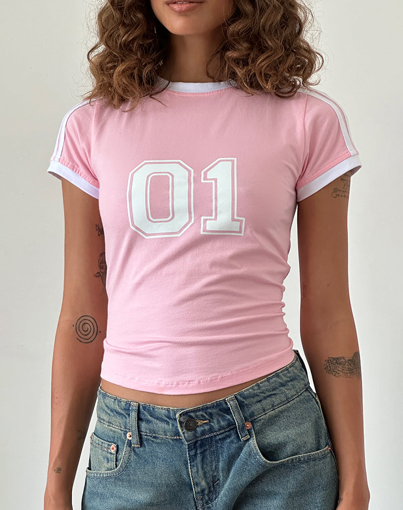 Salda t-shirt sportiva in rosa balletto con bordino bianco