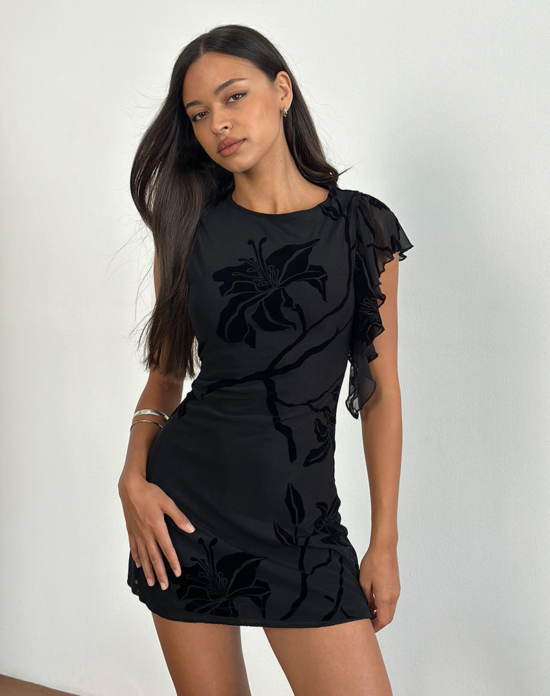 Mini abito Salya in Orchidee Flock Nero