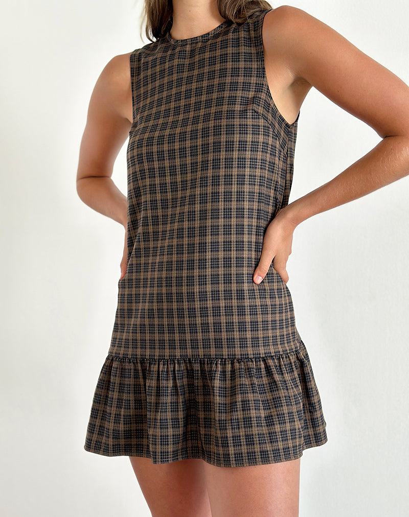 Samana Babydoll Mini Dress a quadri marrone scuro