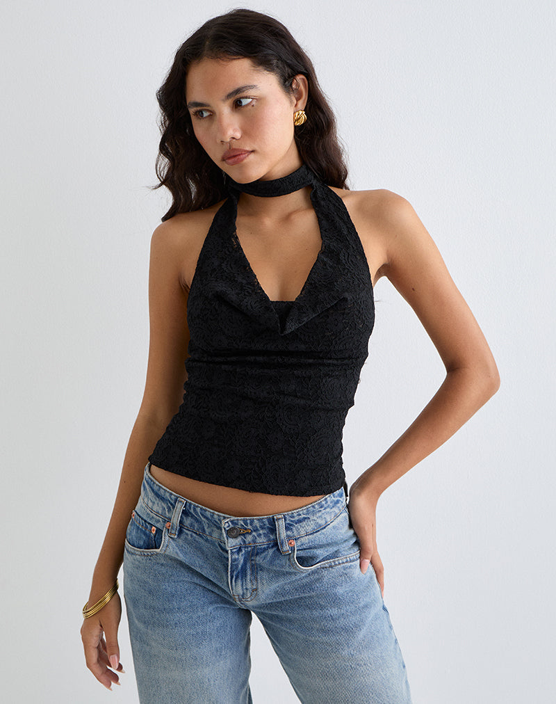 Top Samwell con scollo a mezzaluna in pizzo Paisley nero