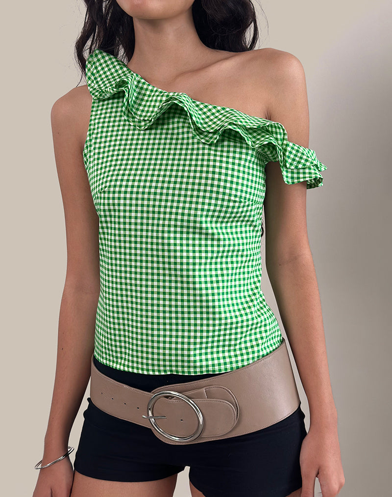 Top con balze Sanamu in mini gingham verde