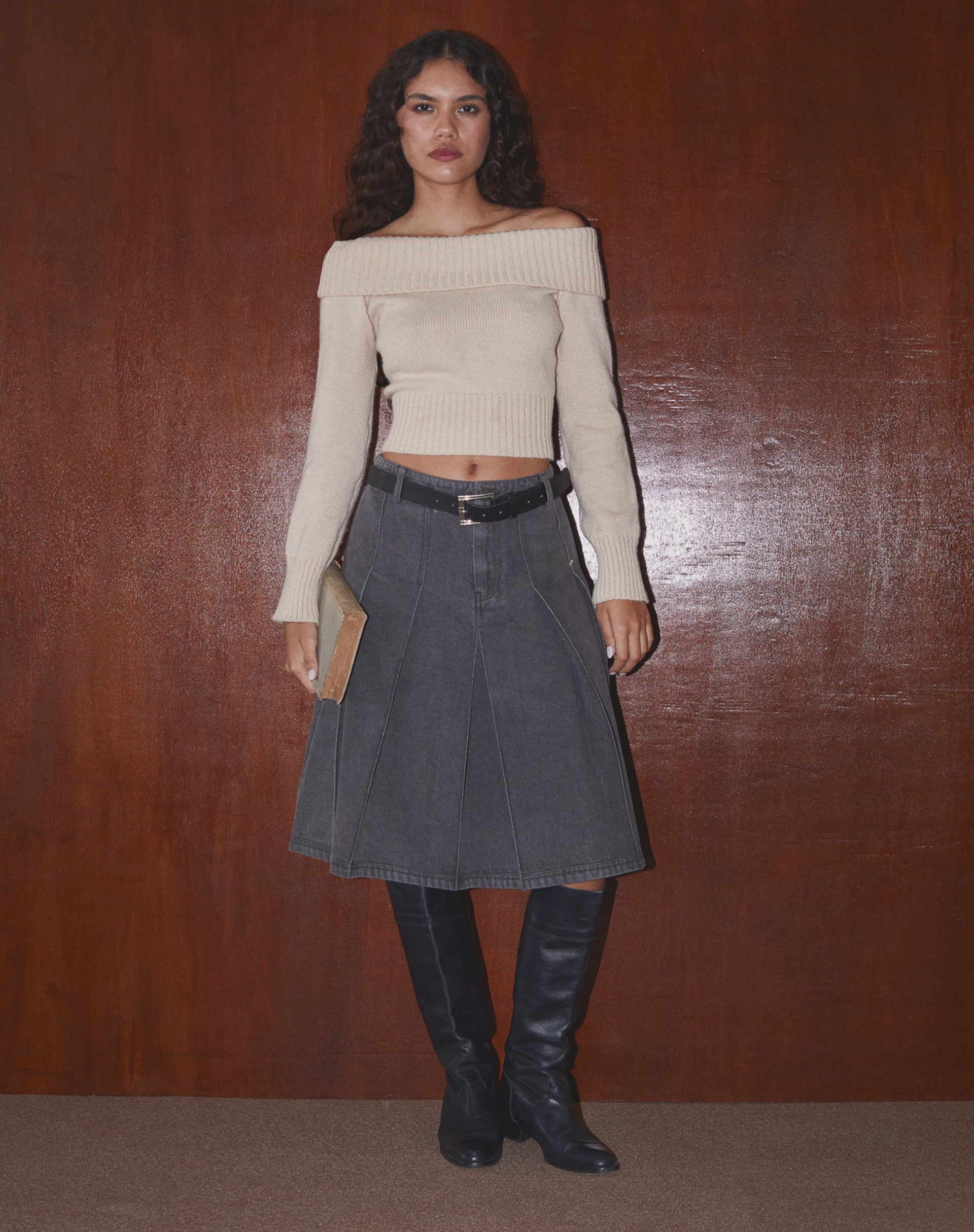 Immagine di Sanjani Gonna midi in denim plissettata con lavaggio grigio
