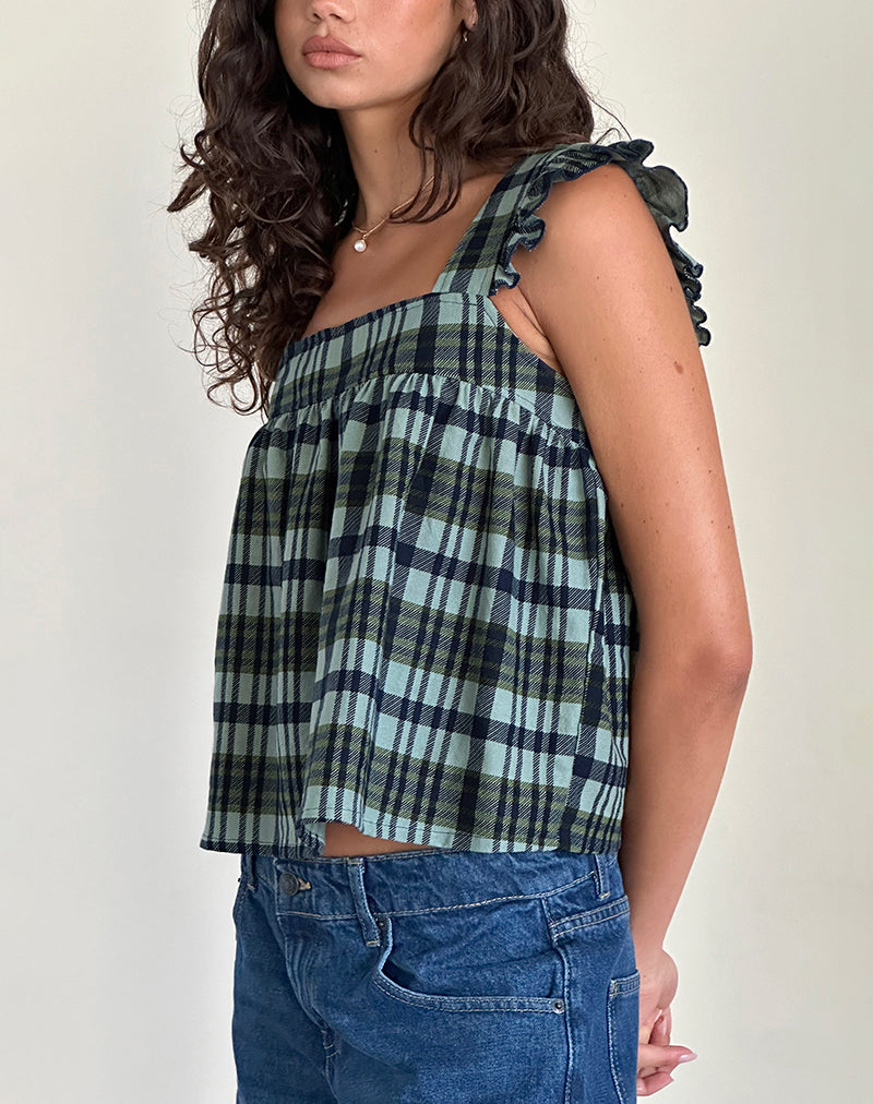 Top Sanula in lino mono check verde