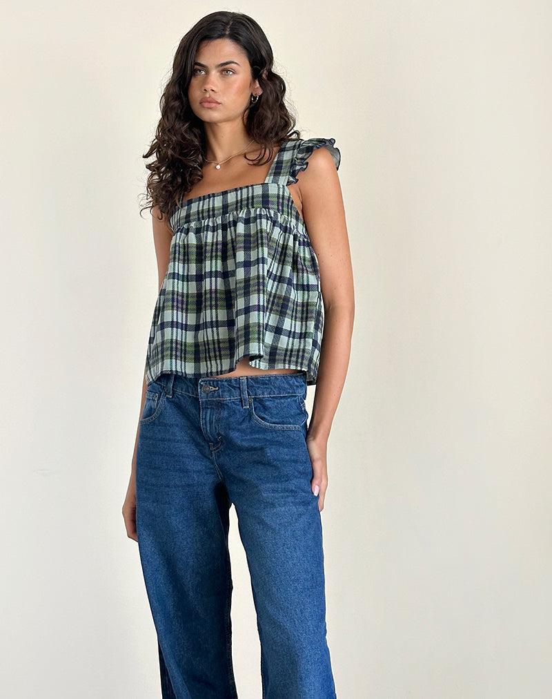 Top Sanula in lino mono check verde