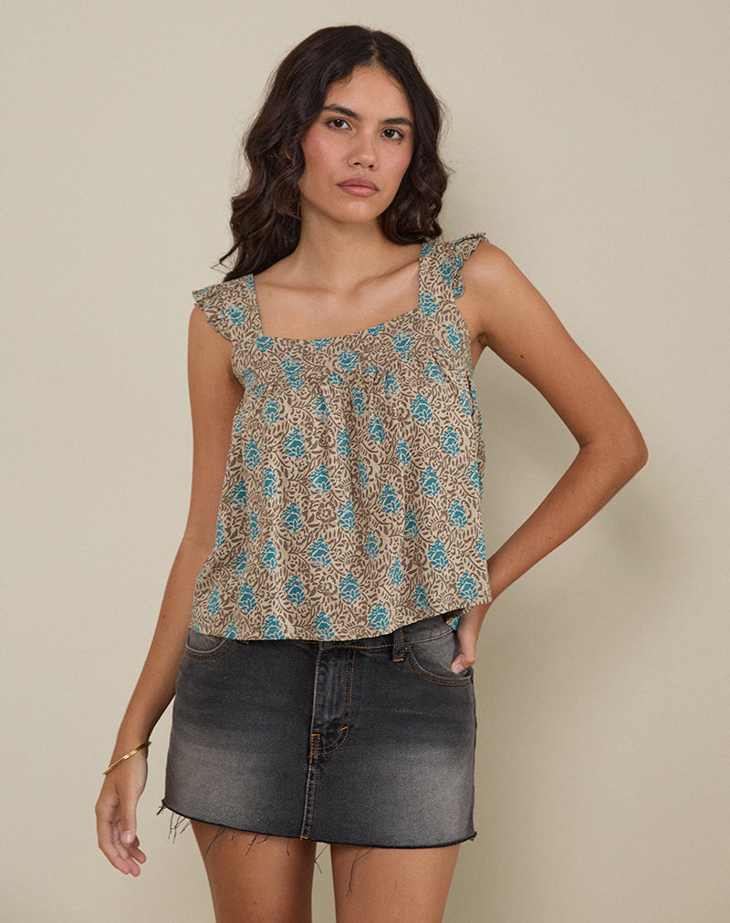 Immagine di Sanula Top in blu e marrone floreale Bohemian Batik