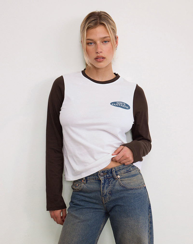 Immagine di Sari Top in bianco e marrone cioccolato con motivo She's Fantastic