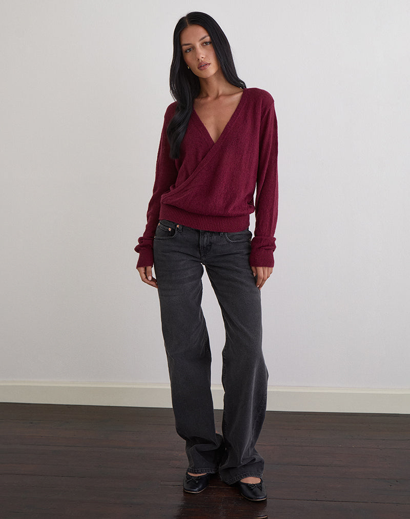 Image of Saroya Plunge Wrap Top in Knit Wine