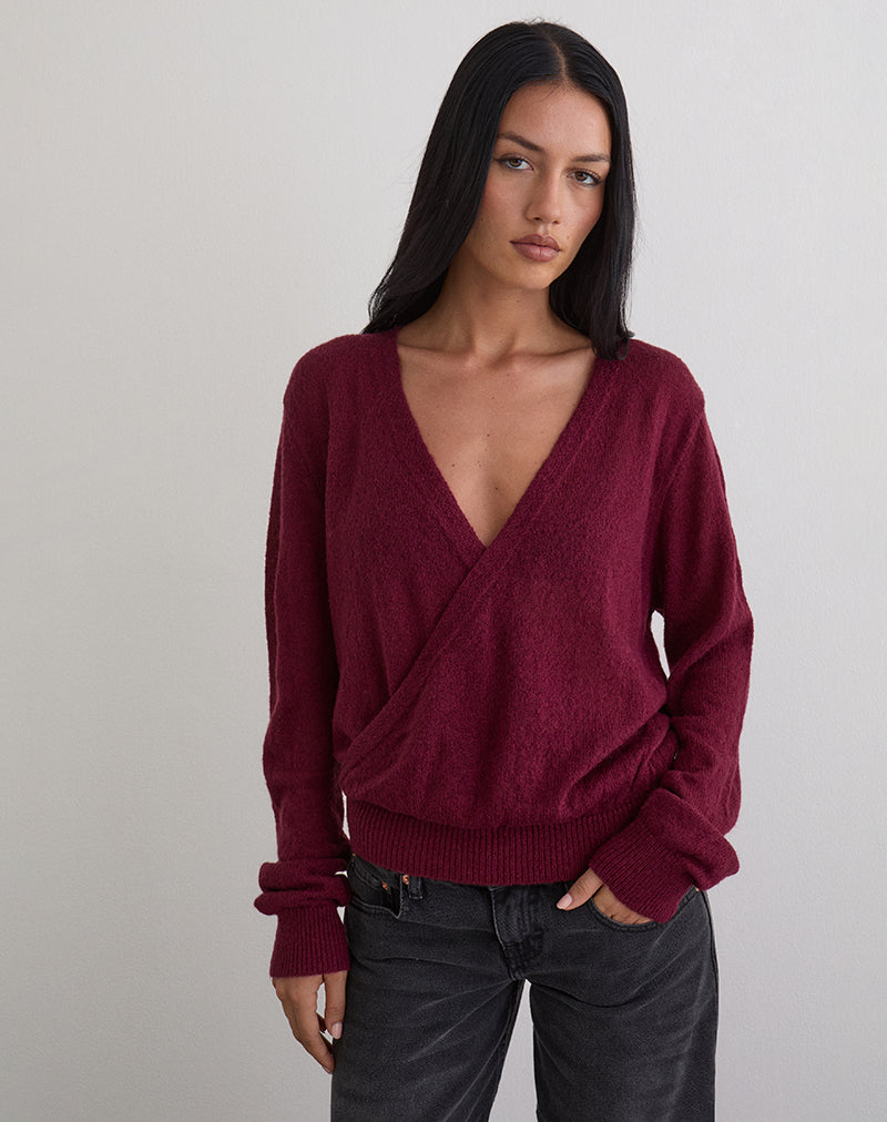 Image of Saroya Plunge Wrap Top in Knit Wine