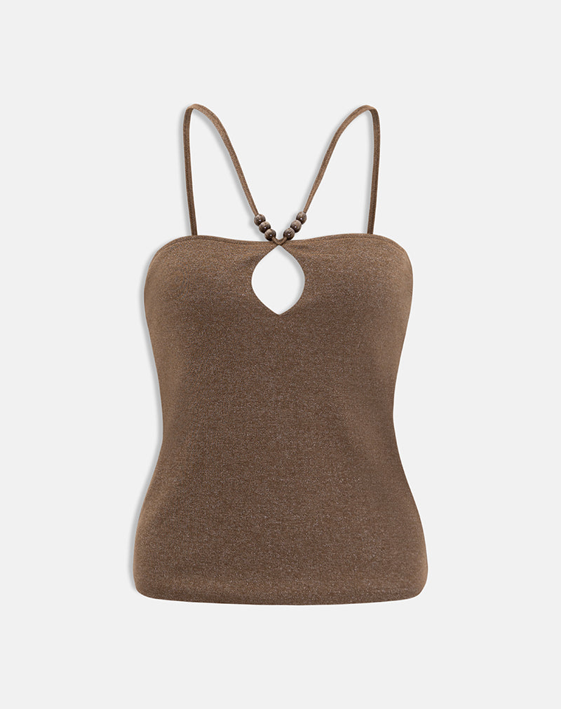 Top Satuna con perline in maglia luccicante marrone