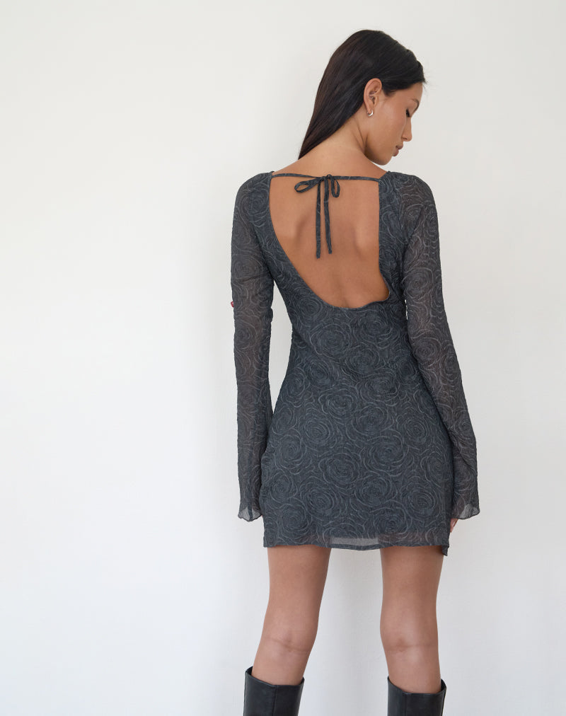 Immagine di Sava Mini abito aperto sul retro con maniche lunghe in chiffon floreale nero
