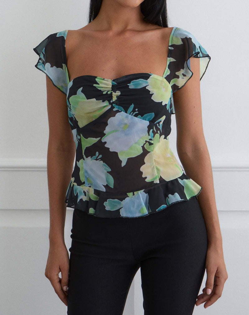 Immagine di Selita Top in chiffon nero con stampa floreale in cristallo