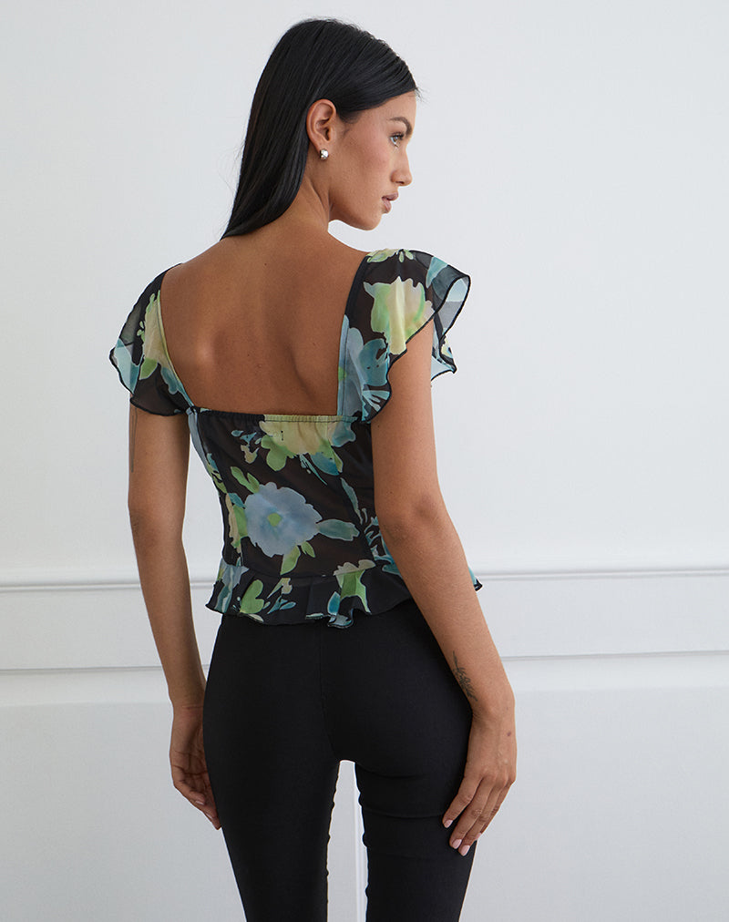 Immagine di Selita Top in chiffon nero con stampa floreale in cristallo
