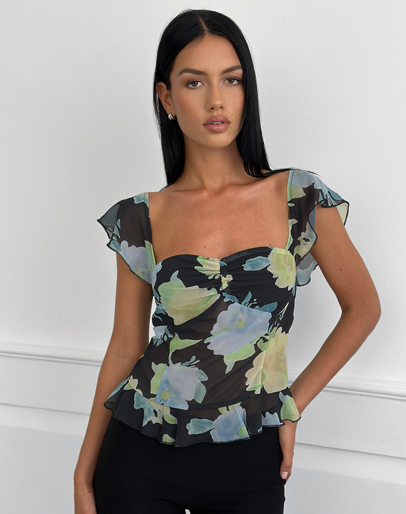 Top Selita in chiffon nero con stampa floreale in cristallo