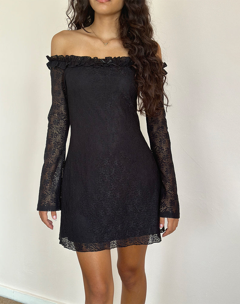 Severine Mini Dress Bardot in pizzo nero