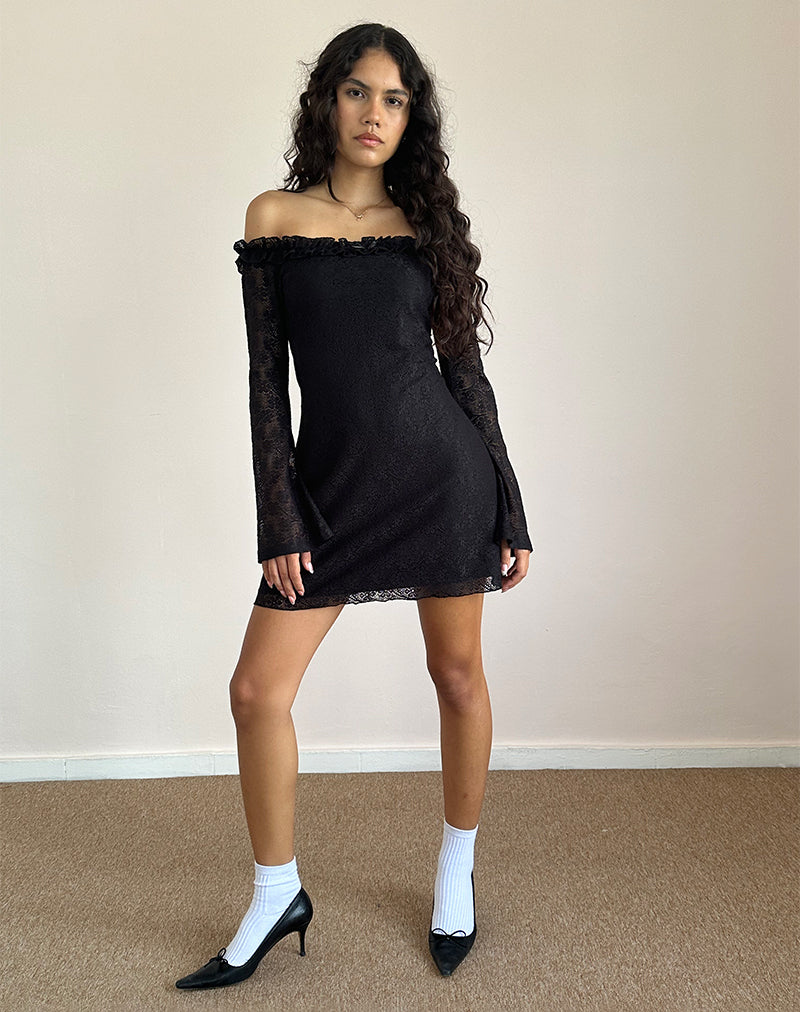Severine Mini Dress Bardot in pizzo nero