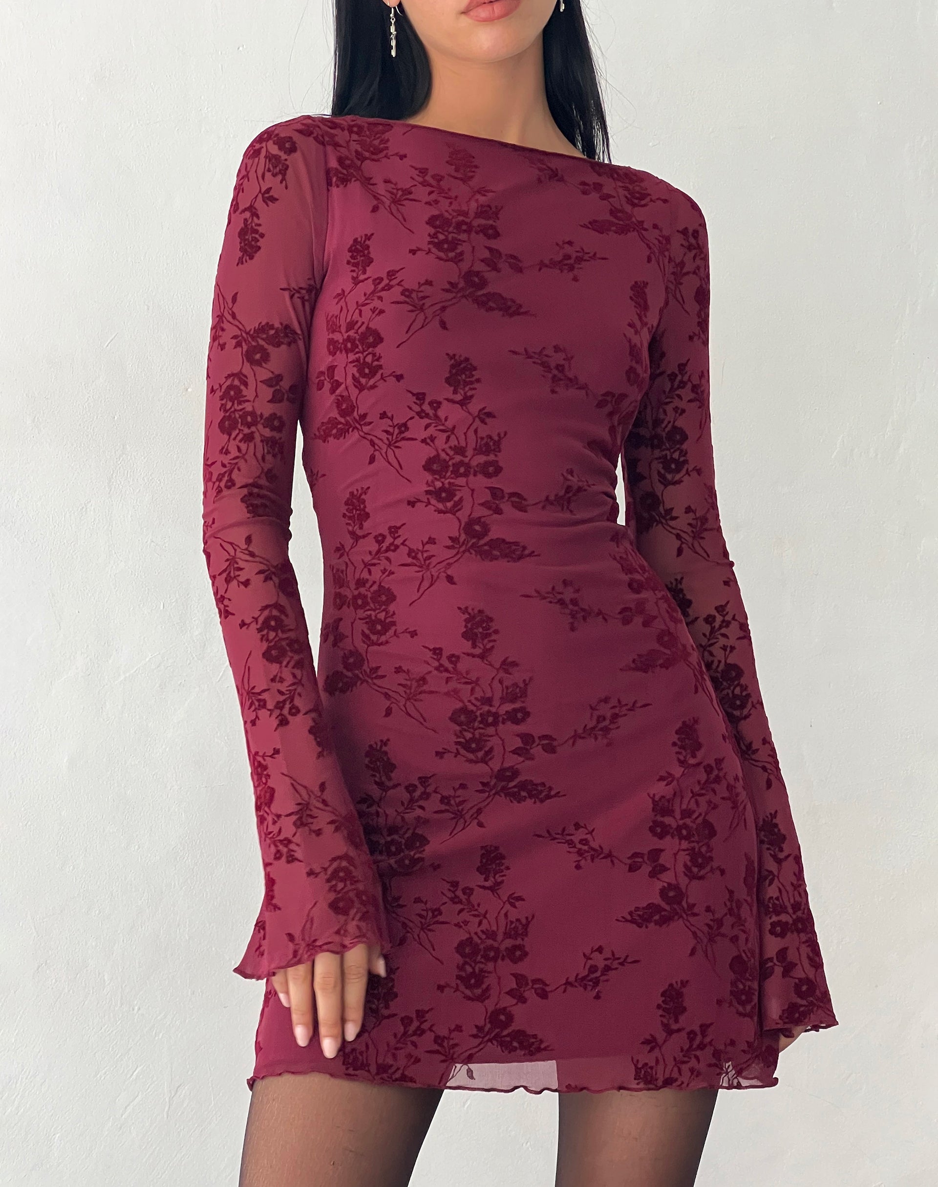 Immagine di Sevila Mini abito a maniche lunghe in fiore botanico floccato Maroon