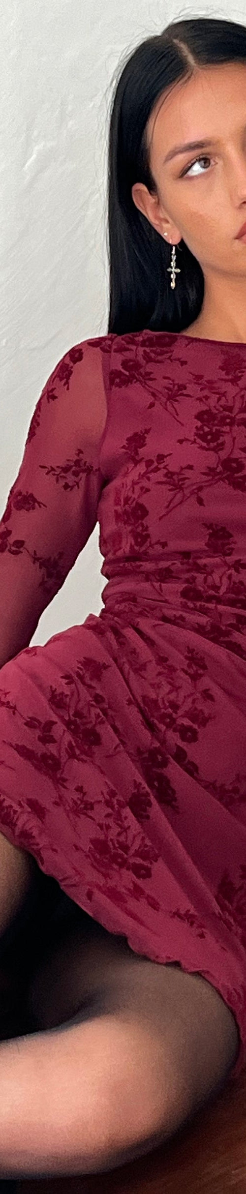 Immagine di Sevila Mini abito a maniche lunghe in fiore botanico floccato Maroon