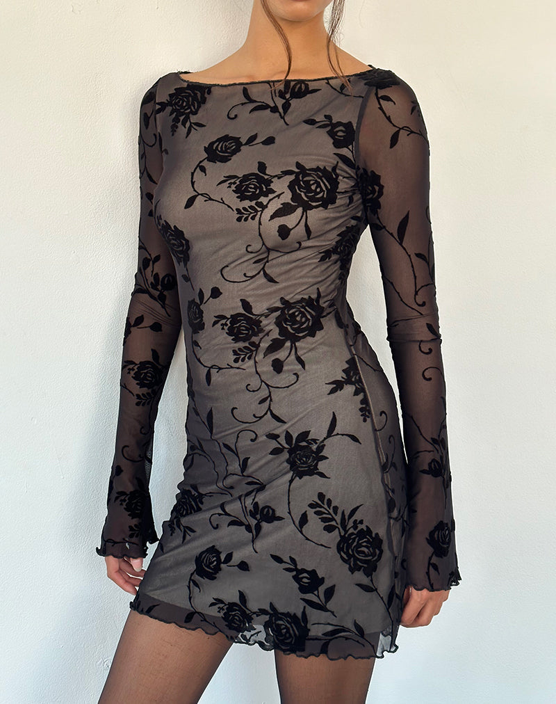 Immagine di Sevila Mini abito a maniche lunghe in nero Rose Flock