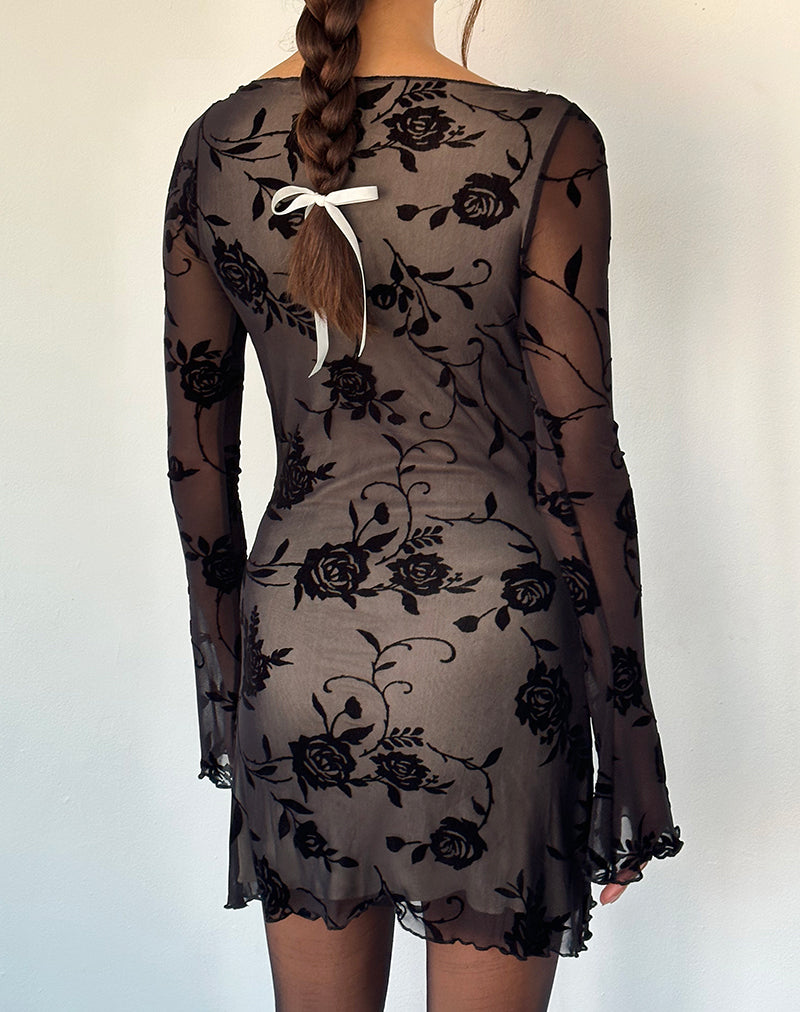 Immagine di Sevila Mini abito a maniche lunghe in nero Rose Flock