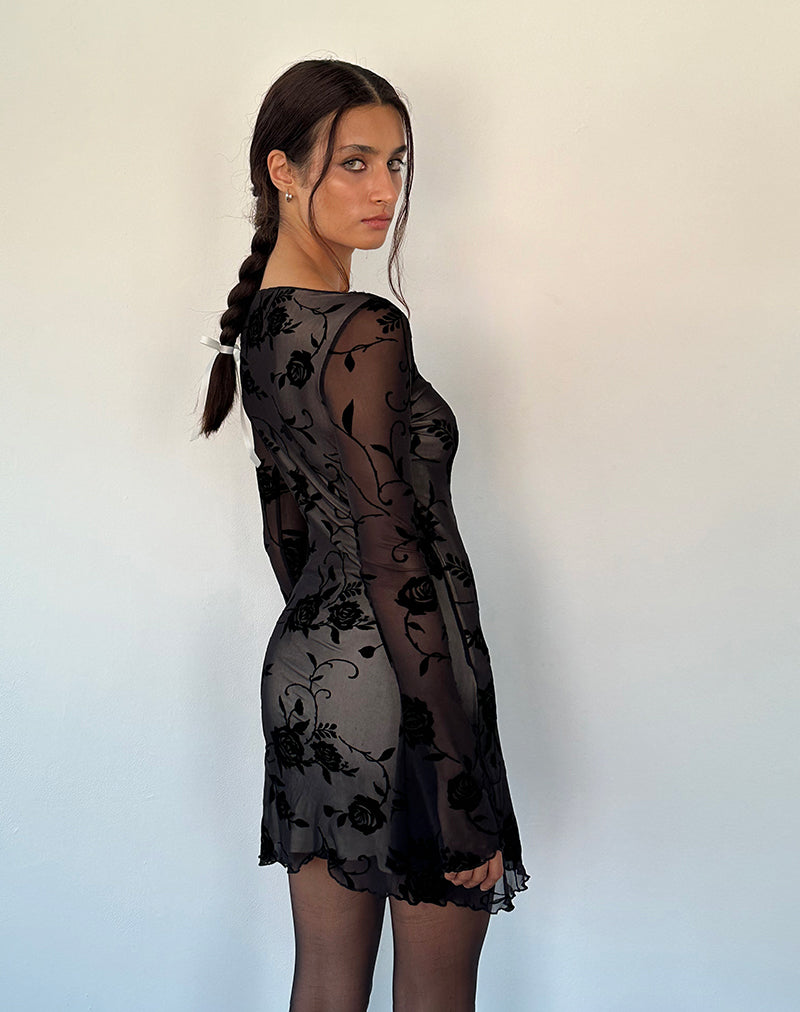 Immagine di Sevila Mini abito a maniche lunghe in nero Rose Flock