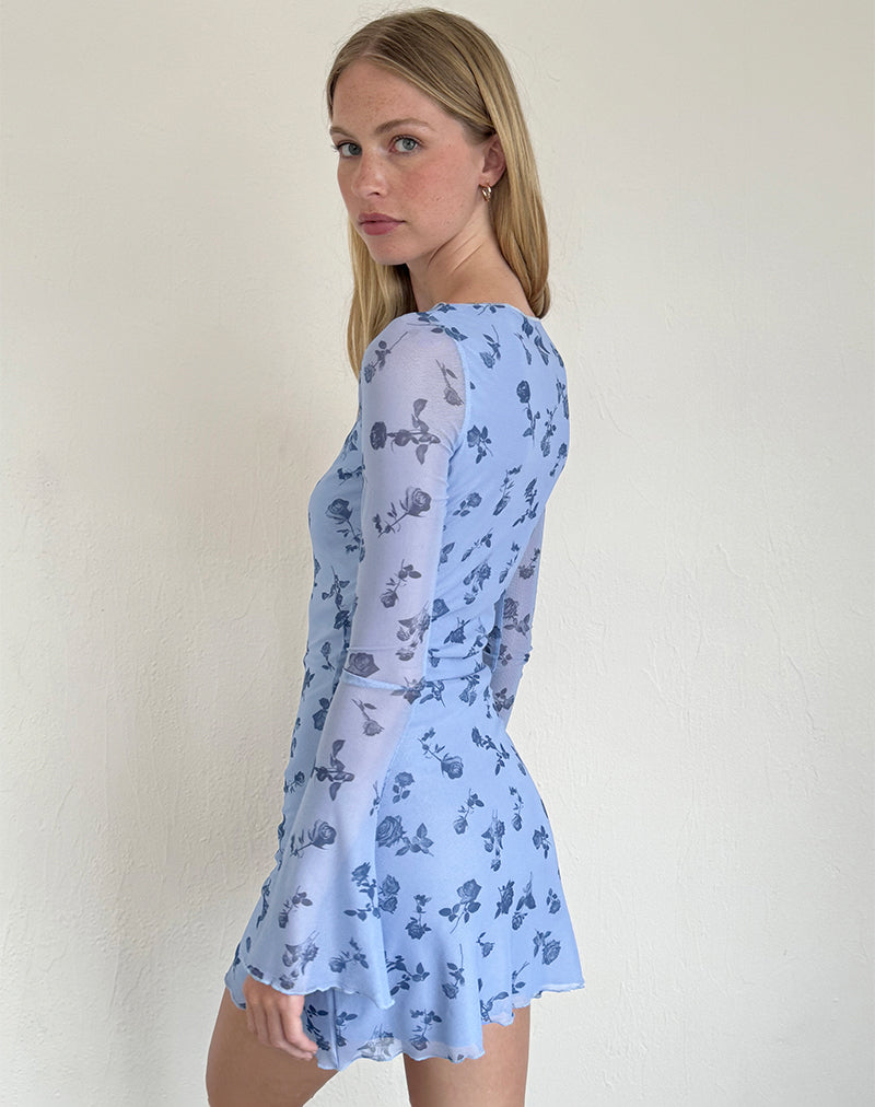 Immagine di Sevila Mini abito a maniche lunghe in maglia floreale blu inchiostro