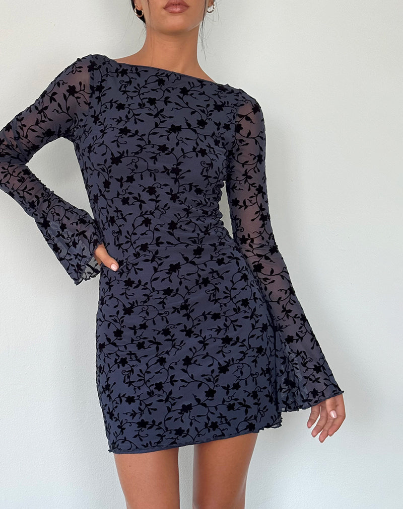 Mini abito Sevila a maniche lunghe in petali floccati, navy