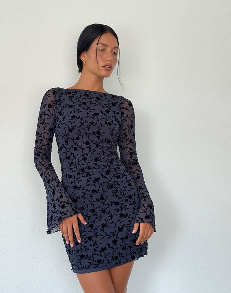 Mini abito Sevila a maniche lunghe in petali floccati, navy