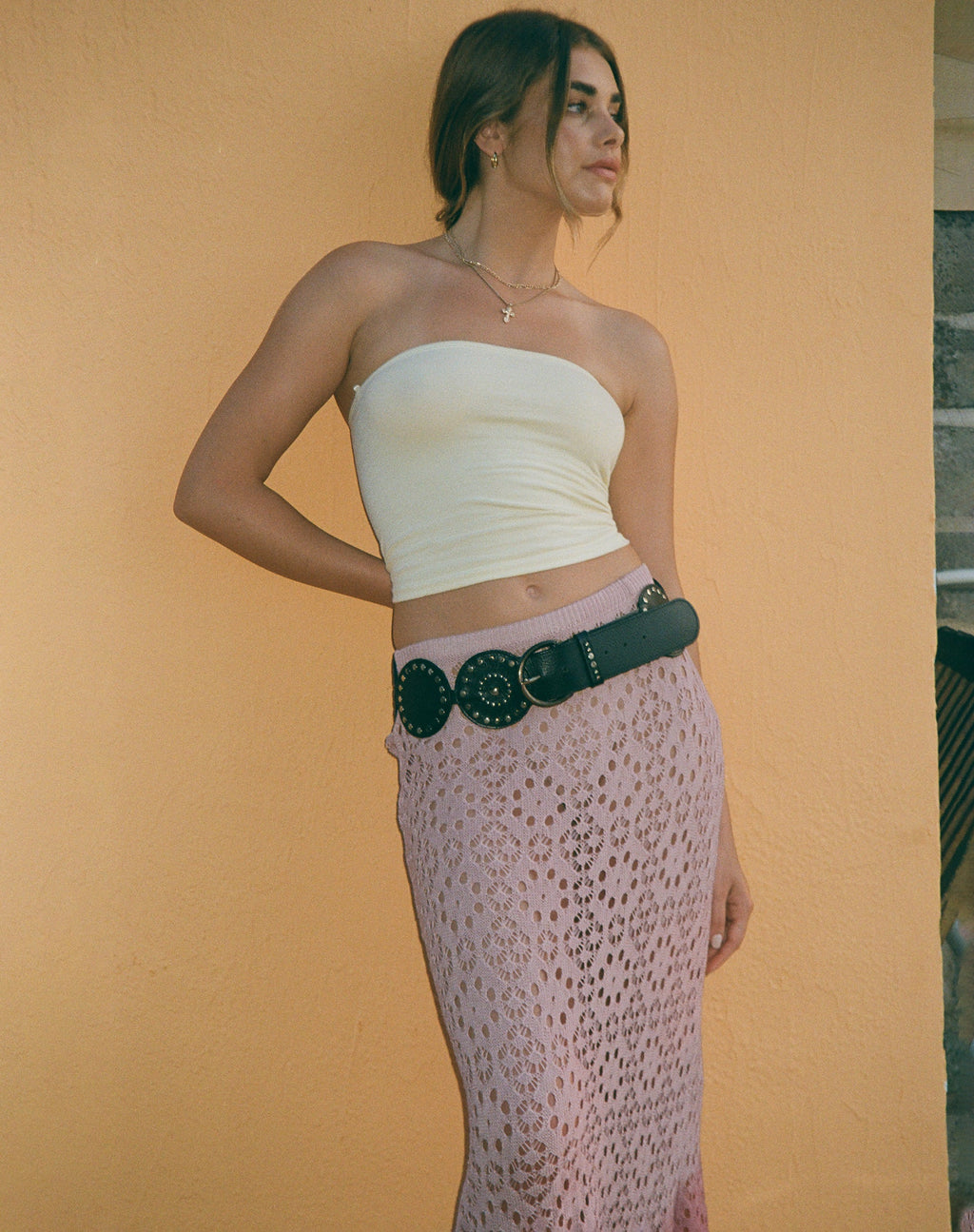 Eldonia - Gonna midi all'uncinetto rosa polvere