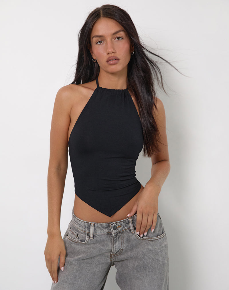 Top Shalas in jersey di rayon nero con cappuccio