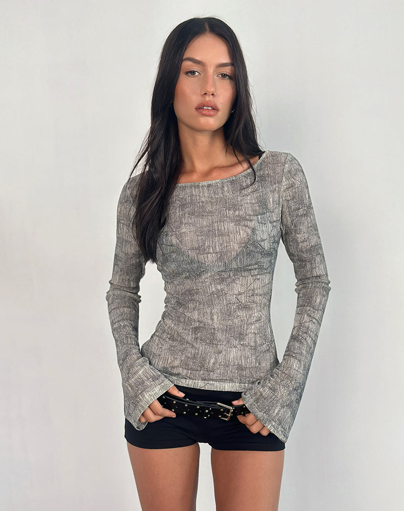 Top Sheiza a maniche lunghe in maglia trasparente grigio