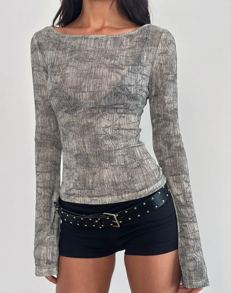 Top Sheiza a maniche lunghe in maglia trasparente grigio