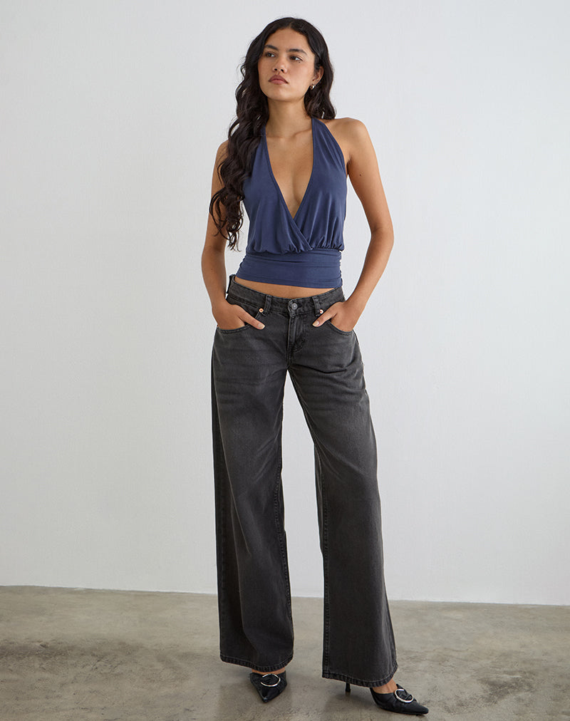 Immagine del top con scollo all'americana Sherlyn in cupro blu navy