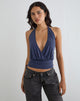 Immagine del top con scollo all'americana Sherlyn in cupro blu navy
