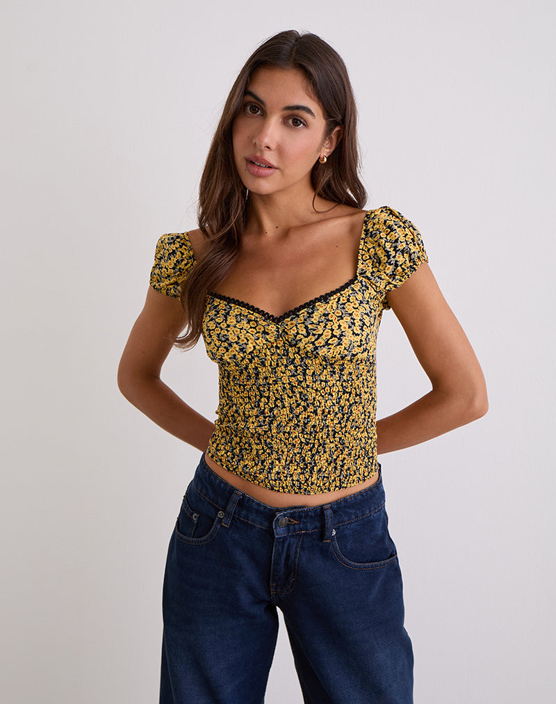 Immagine di Shizu Top con manica a cappuccio in Mini Bloom Yellow