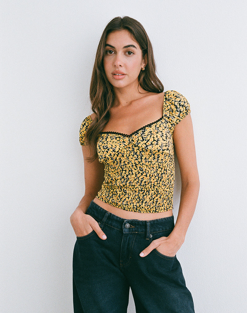Top con manica a cappuccio Shizu in Mini Bloom Yellow
