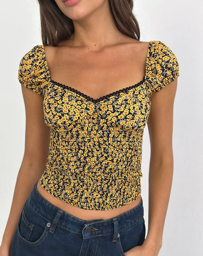 Immagine di Shizu Top con manica a cappuccio in Mini Bloom Yellow