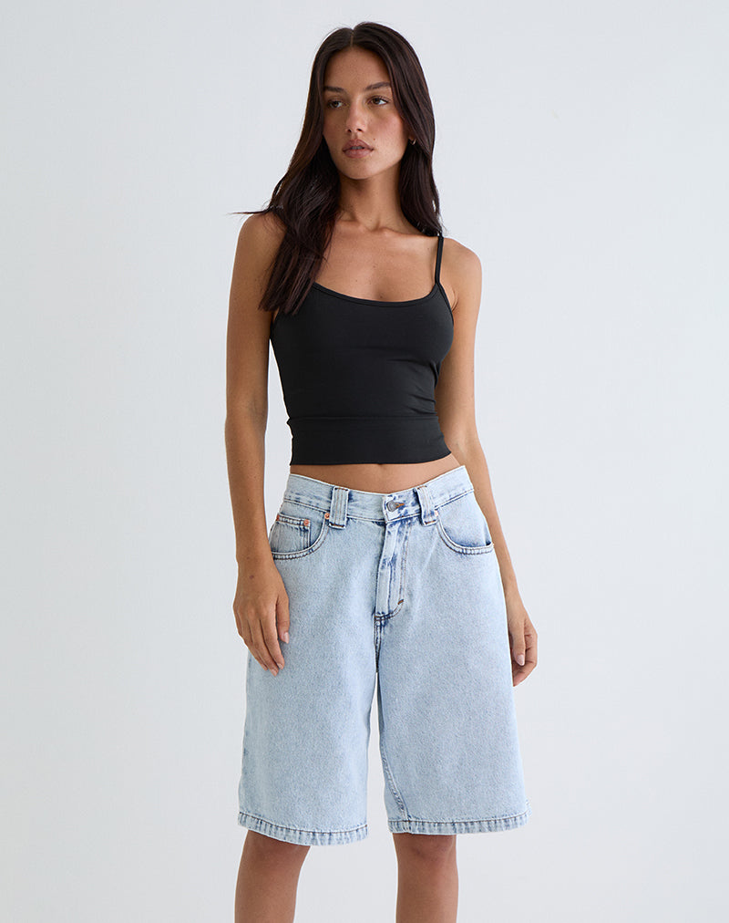 Pantaloncini skater a vita bassa con lavaggio leggero blu anni '80