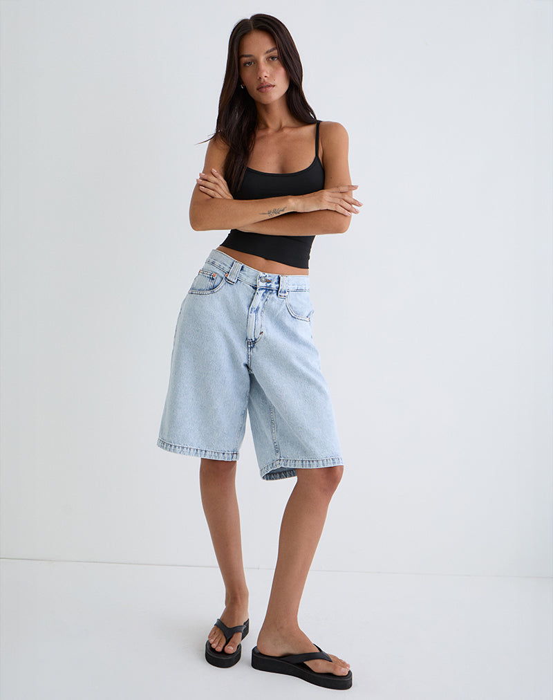 Pantaloncini skater a vita bassa con lavaggio leggero blu anni '80
