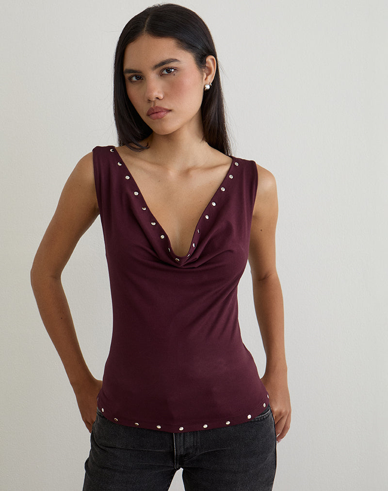 Top con borchie Slater in jersey di rayon prugna scuro