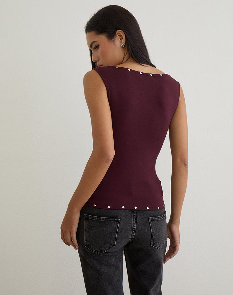 Immagine di Slater Top borchiato in jersey di rayon prugna scuro