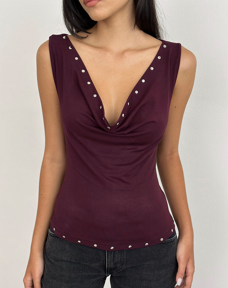 Top con borchie Slater in jersey di rayon prugna scuro